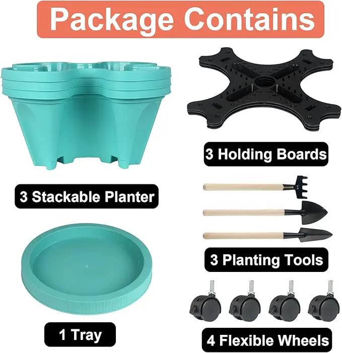 Vertical Planter 3 Tier Stackable Planters Garden Planters Strawberry Herb Flower and Vegetable Planter Indoor Outdoor Gardening Pots with Removable Wheels and Tools by GreenHaven Gardens