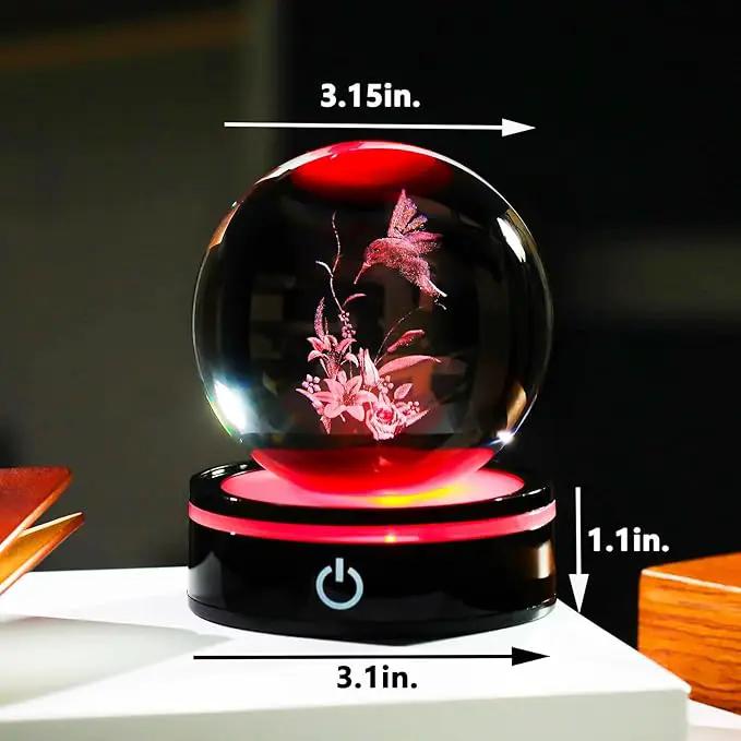 YWHL 3D Hummingbird Figurine Crystal Ball with Light Base, Hummingbird Gifts for Women Men on Christmas Birthday, 3D Laser Engraved Hummingbird Ornament Glass Decorative Ball for Home Office (80mm) by GreenHaven Gardens