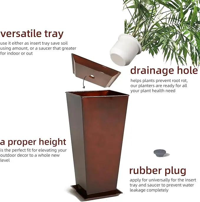KOL 28''H. Tall Galvanized Steel Glazed Planter with Saucer, Set of 2, Planter Pots with Insert for Indoor & Outdoor Use, Decorative Flower Plant Pots for Front Porch, Patio, Deck - Reddish Brown by GreenHaven Gardens