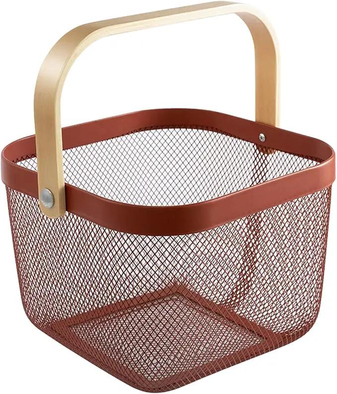 Metal Mesh Steel Basket, Storage Organizer Basket Multi-functional Hanging Kitchen Baskets Fruit Basket Bin with Bamboo Handle for Kitchen Bathroom Picnic Shopping Decor Cabinet Home, Red by GreenHaven Gardens