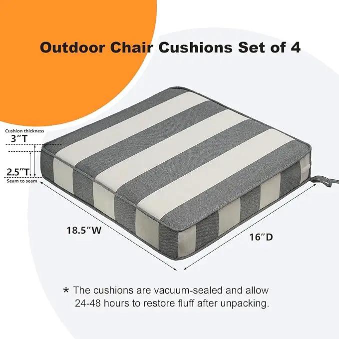 Square Corner Seat Cushions, 18.5" x 16" x 3", Set of 4, Indoor Outdoor Water Repellent Universal Chair Pads with Ties for Patio Furniture, Garden Deck Dining Chairs, Gray Stripe by GreenHaven Gardens