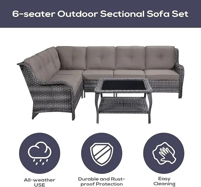 Outdoor Furniture Sectional Sofa L Shaped Couch - Patio Wicker Furniture Set with Coffee Table, 3 Piece Rattan Patio Conversation Sets with Gray Cushion for Deck Backyard Sunroom by GreenHaven Gardens