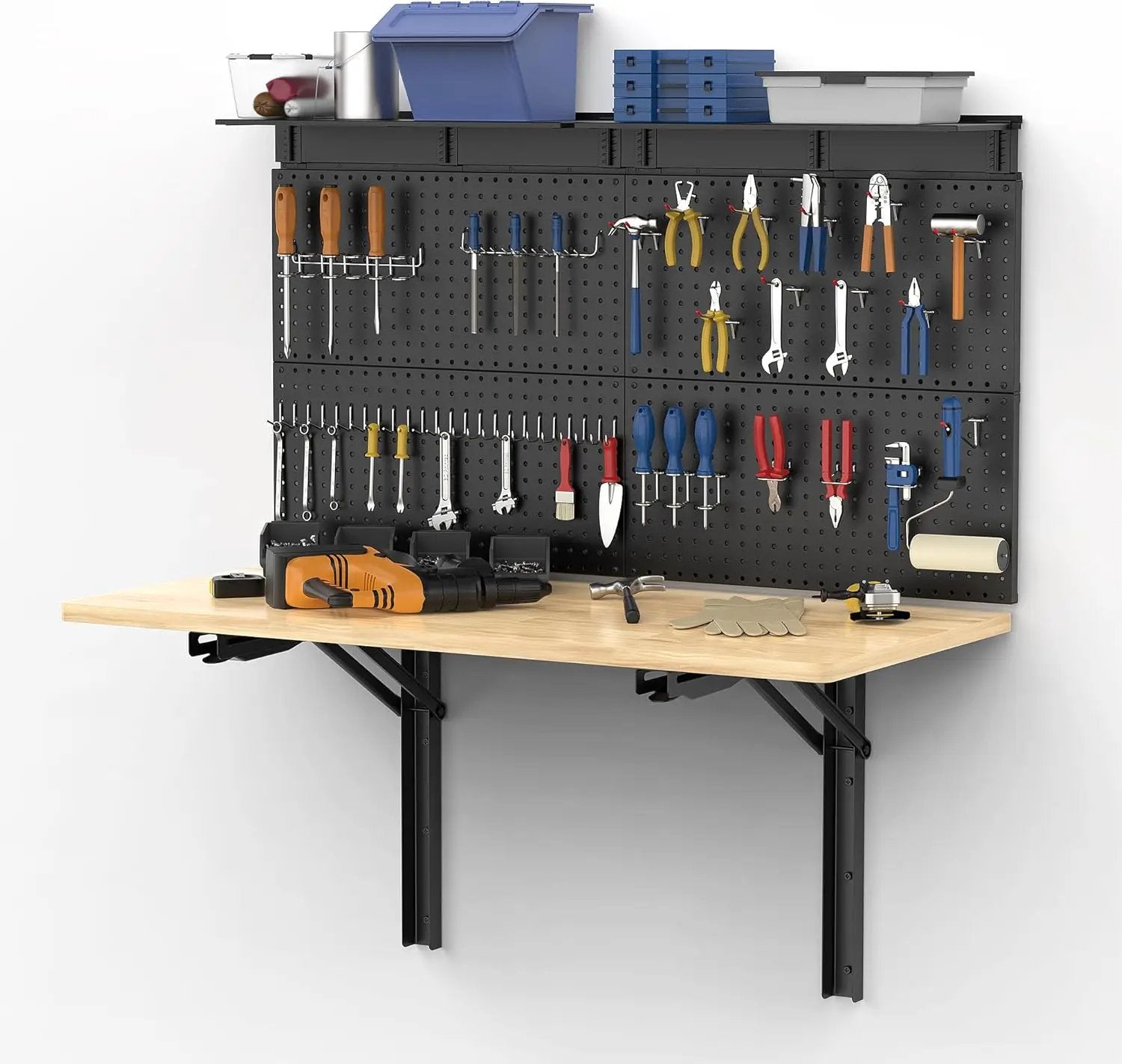 Ultrawall Wall Mounted Workbench with Pegboard, Folding Down Work Table Metal Pegboard Wall Organizer for Garage, Workshop, 48”X24” by GreenHaven Gardens
