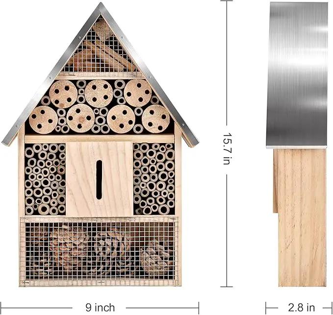 Wooden Mason Insect Bee Butterfly House,Insect Hotel,an Outdoor Hanging Bamboo Habitat for Bee Butterfly Ladybugs Live,Bee Box,Butterfly Habitat for Garden,9 x 15.7 x 2.5 Inch by GreenHaven Gardens