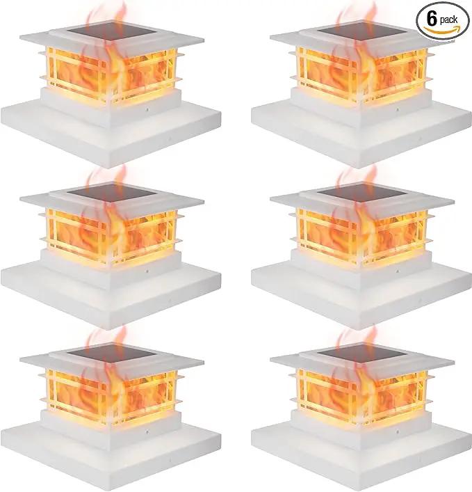 Dynaming 6 Pack Solar Flame Post Lights Outdoor, Solar Powered Fence Post White Shell Cap Light, High Brightness Flickering Flame LED LiVinyl/Wooden Postseck Patio, Fit 4x4 5x5 6x6 Vinyl/Wooden Posts by GreenHaven Gardens