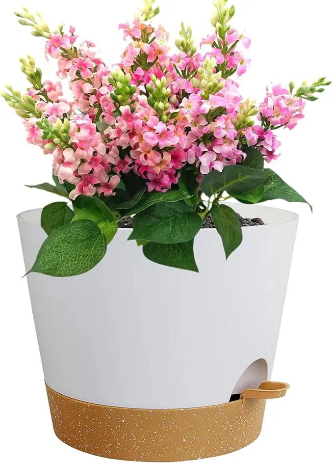 12 inch Large Self Watering Pots for Indoor Outdoor Plants, Flower Plant Pots with Drainage Holes for Garden House Plants, Plastic Planters with Reservoir for Home Plants, White with Brown by GreenHaven Gardens