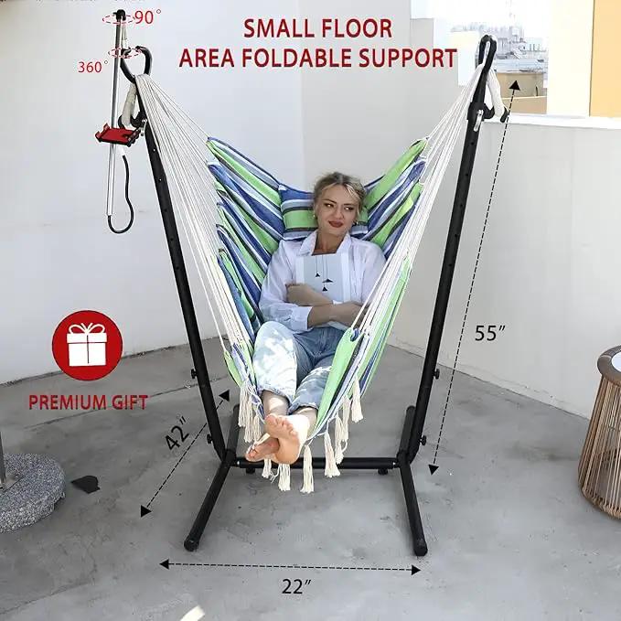 ZEYU Hammock Chair with Stand Double Hammock Chair Bohemian Style with Tassel Mobile Phone Support Manual Adjustable Swing Indoor and Outdoor Garden Porch with Floor mat Reclining Capacity 400 pounds by GreenHaven Gardens