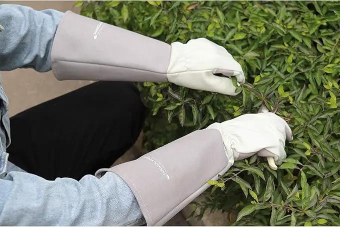 HANDLANDY Long Gardening Gloves for Men & Women, Thorn Proof Rose Pruning Gloves Leather Gauntlets Garden Glove Yard Work Glove (Large, Grey) by GreenHaven Gardens