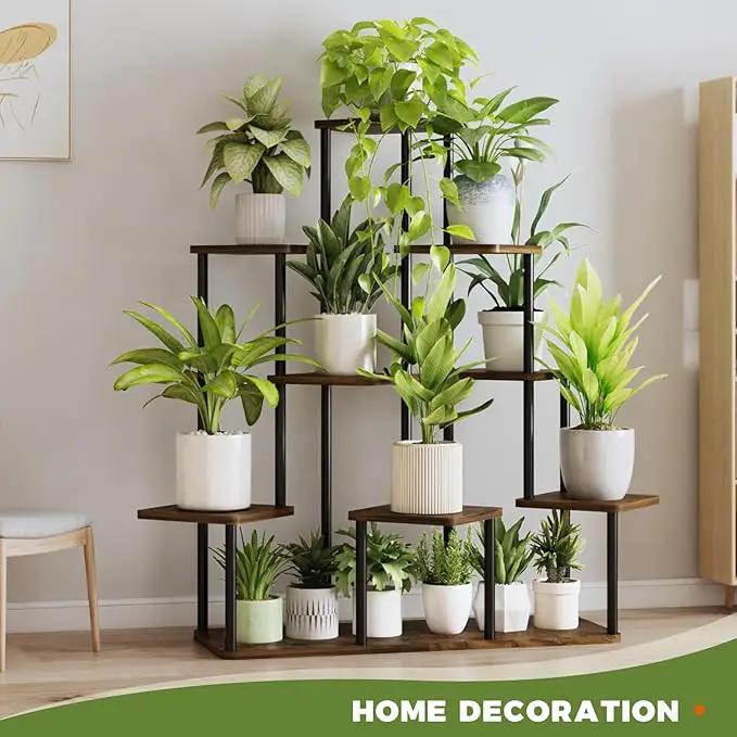 Bamworld Large Plant Stand Indoor, 9 Tier Tall Metal Plant Shelf for Multiple Plants, Tiered Flower Stand for Patio Garden Balcony Living Room Bedroom(Brown) by GreenHaven Gardens