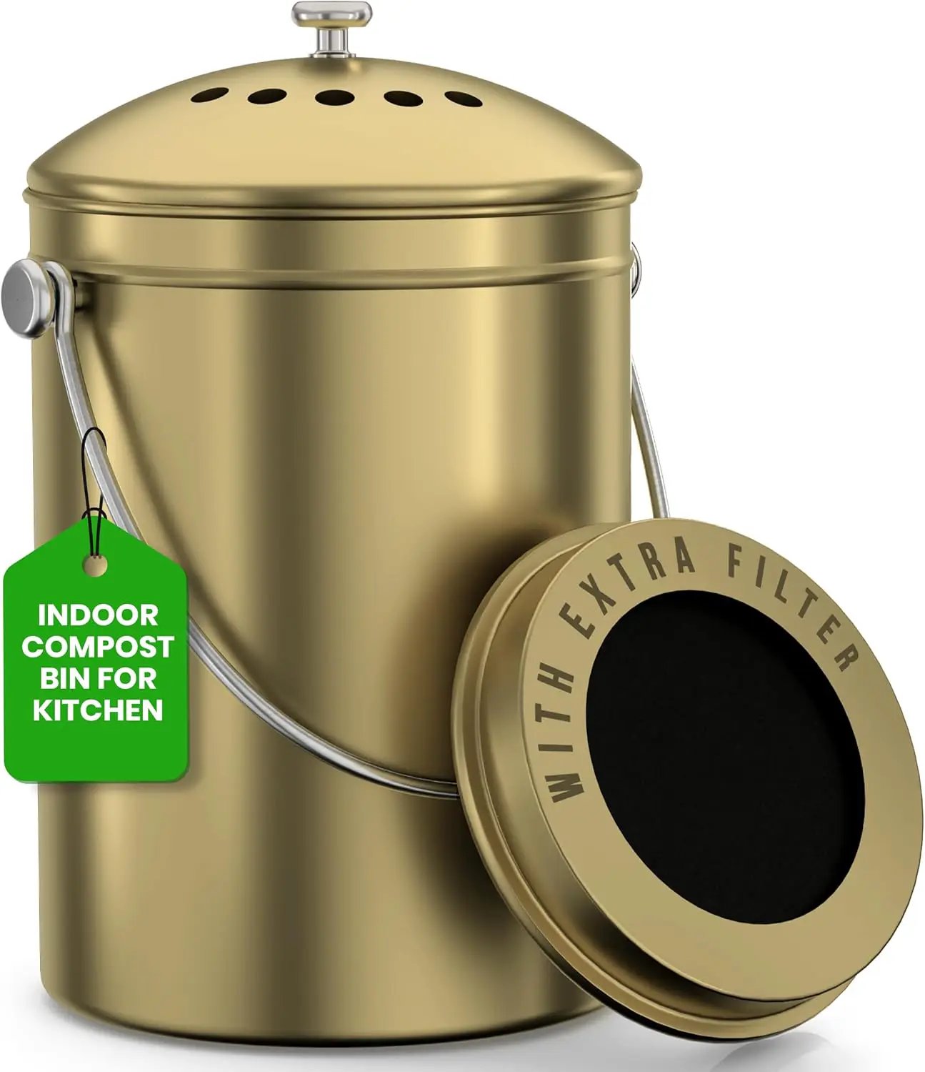 Utopia Kitchen Compost Bin for Kitchen Countertop - 1.3 Gallon Compost Bucket for Kitchen with Lid - Includes 1 Spare Charcoal Filter (Gold) by GreenHaven Gardens