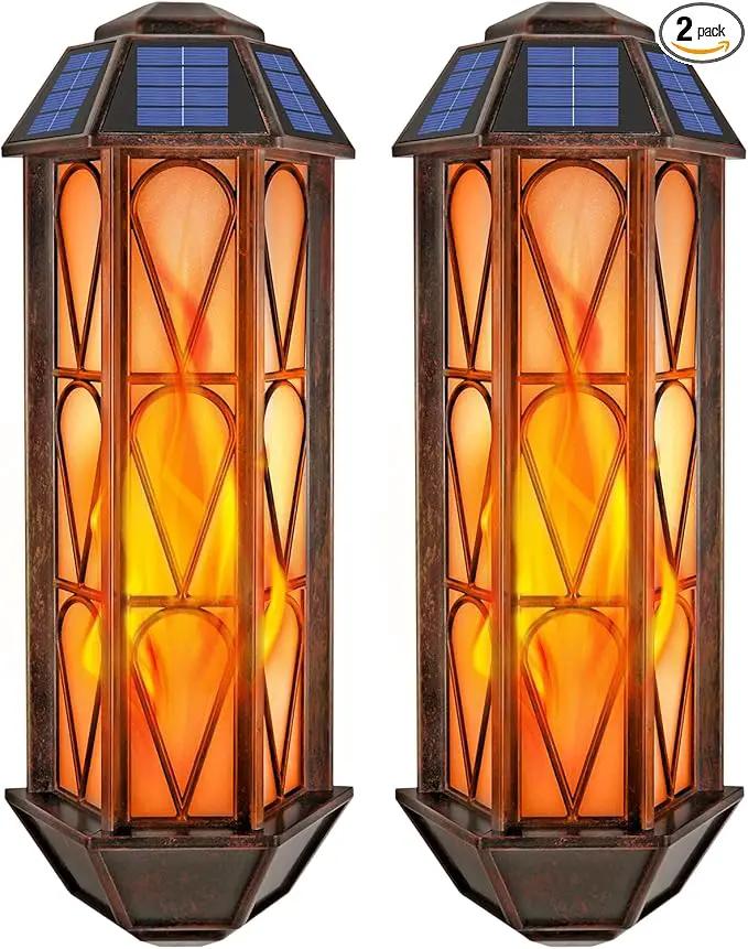 Solar Flame Lights Outdoor, Upgraded 74 LED Flickering Flame Lights, Solar Powered Auto On/Off, Outdoor Waterproof Wall Lanterns for House Garage Doorway Garden Porch Patio Yard Decoration (2 Pack) by GreenHaven Gardens