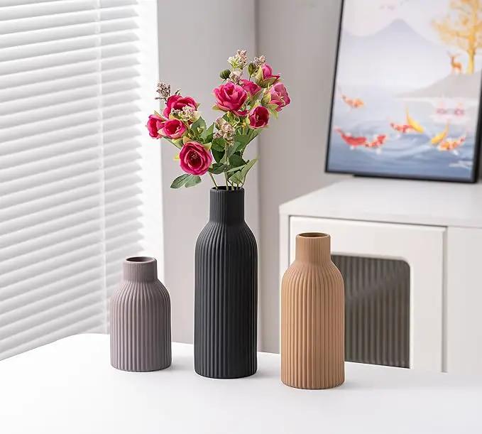 Ceramic Vase Set of 3, Flower Vases for Spring Room Decor, Kitchen Farmhouse, Modern Boho Style(Khaki/Black/Grey) by GreenHaven Gardens