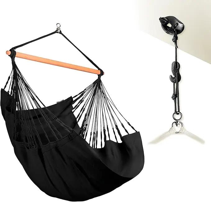 LA SIESTA® - XL King Habana Cotton Hammock Chair & CasaMount - Hanging Chair w/Suspension Kit for Walls Ceilings & Square Beams - Indoor Outdoor Swing Hanging Chair Bedroom Patio Balcony - Onyx by GreenHaven Gardens