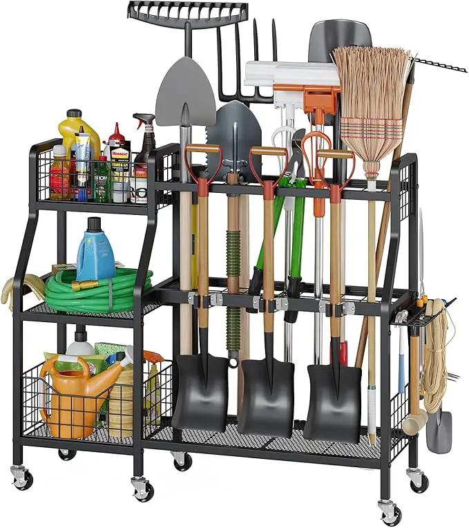 keomaisyto Garden Tool Organizer with 6 Wheels(3 lockable), Heavy Duty Yard Tool organizer with 2 Basket, Large Metal Garage Tool Organization and Storage for Garage/Shed/Yard/Broom Closet/Lawn by GreenHaven Gardens