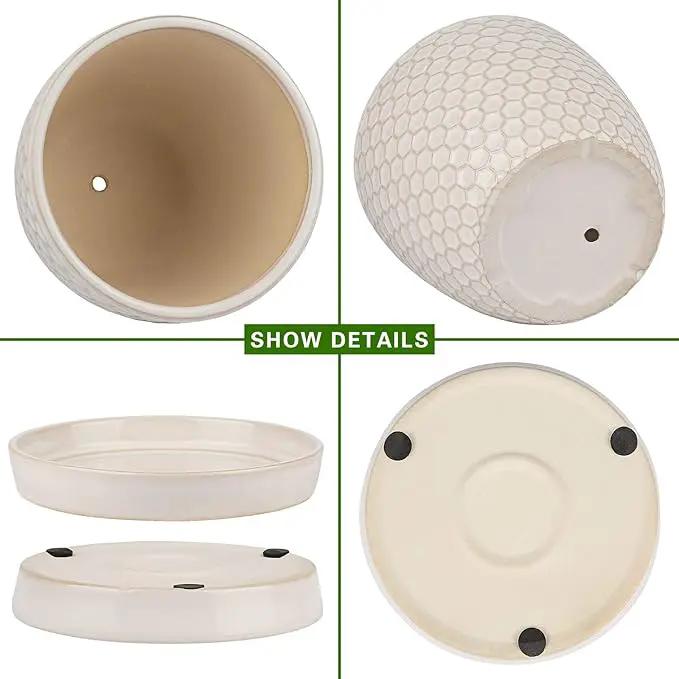 Docrin Ceramic Plant Pots Indoor: 6.6 + 5.5 Inch Planters with Drainage Holes and Saucer for Home/Office - Set of 2 /Milky White Honeycomb by GreenHaven Gardens