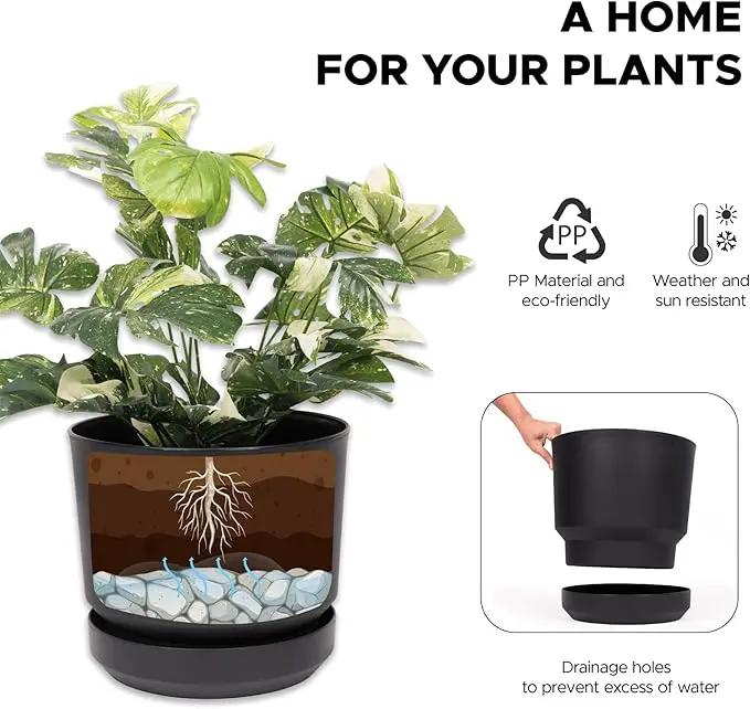 Elly Décor 8 inch Plastic Cylinder Planter Pot with Self-Watering Saucer and Drainage Hole,Lightweight & Extremely Durable, 8"x 8", Black by GreenHaven Gardens