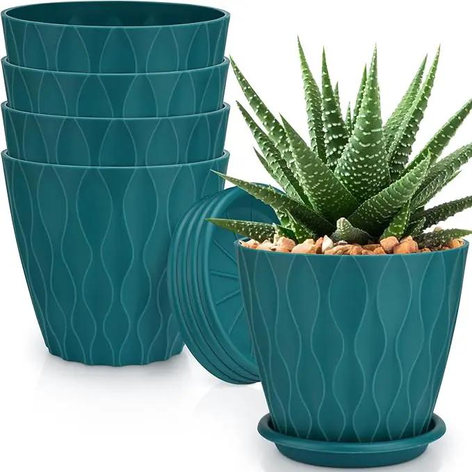 6 inch Plant Pots, 5 Pack Flower Pots Outdoor Indoor, Planters with Drainage Hole and Tray Saucer(Blue by GreenHaven Gardens