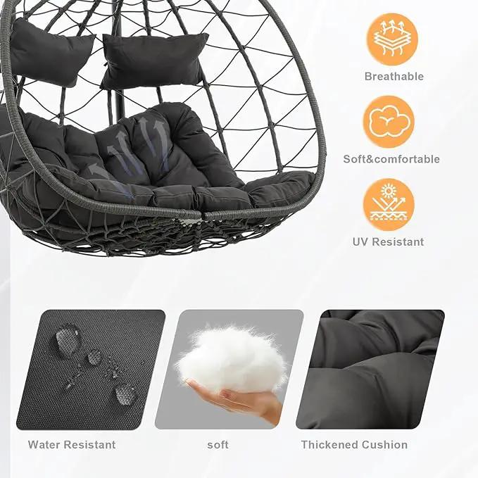 2 Person Double Egg Swing Chair with Stand Indoor Outdoor, Hammock Egg Chair Outdoor, Patio Wicker Hanging Egg Chair w/Cushion 700LBS Capacity for Bedroom, Balcony, Garden, Dark Grey by GreenHaven Gardens