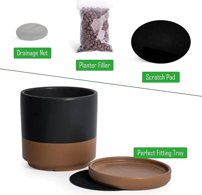 D'vine Dev Set of 2 Plants Pots, 8 Inch Ceramic Planter Pot for Plants with Drainage Hole and Saucer, Black/Speckled Tan, 94-V-D-7 by GreenHaven Gardens