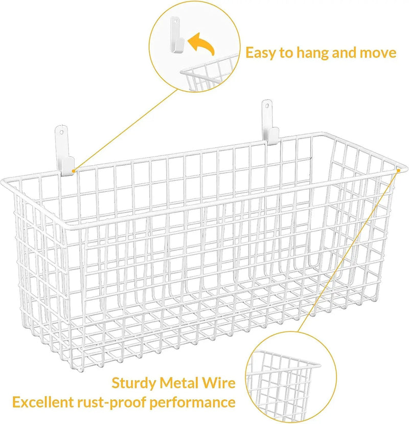 2 Sets Extra Large Hanging Wall Basket, White Metal Wire Baskets with Steel Hooks for Organizing, WallmountedFruit Vegetable Toy Snack Storage, Home Kitchen Bathroom Laundry Pantry Organizer by GreenHaven Gardens