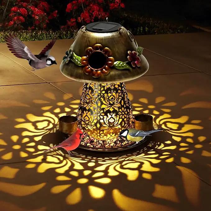Mushroom Solar Bird Feeders for Outdoors Hanging Metal Wild Bird Feeder Garden Lantern with S Hook for Garden Decoration Brown by GreenHaven Gardens