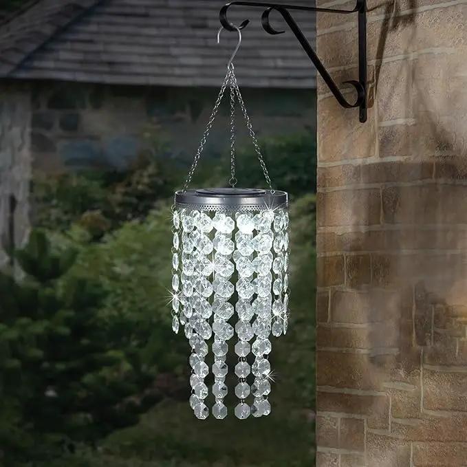 Hanging Solar Crystal Chandelier Outdoor, 21” Modern Solar Transparent Acrylic Beaded Lantern with Cool White LED S Hooks for Garden Yard Patio Gazebo Outside Decor by GreenHaven Gardens