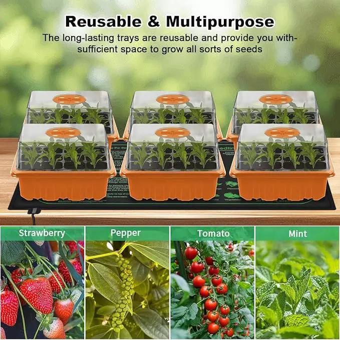 GooingTop Seedling Trays + Heat Mat 10''x20.7'', 6 Pack 72 Cells Plant Grow Starter with Adjustable Humidity Vent for Mini Greenhouse Garden Germination,Bonsai Seed Starting Growing by GreenHaven Gardens