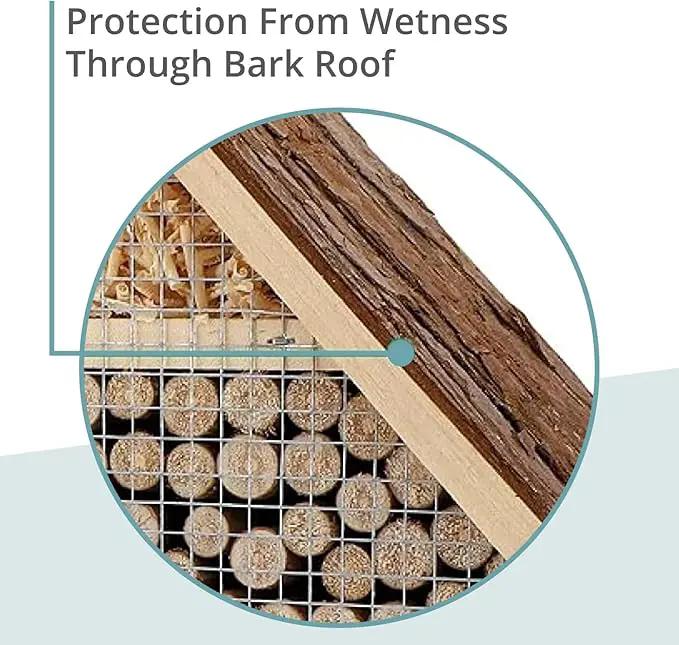 Small Insect Hotel with Bark Roof - Untreated Natural Wood Insect House for Bees, Ladybugs, Lacewings & Butterflies - Nesting Aid for Hanging, Bee Hotel by GreenHaven Gardens