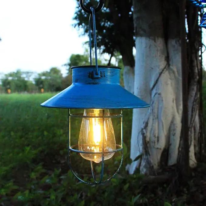 2 Pack Hanging Solar Lantern Lights with Shepherd Hook, Metal Waterproof Warm White Edison Bulb Lights for Garden Outdoor Pathway (Bule) by GreenHaven Gardens