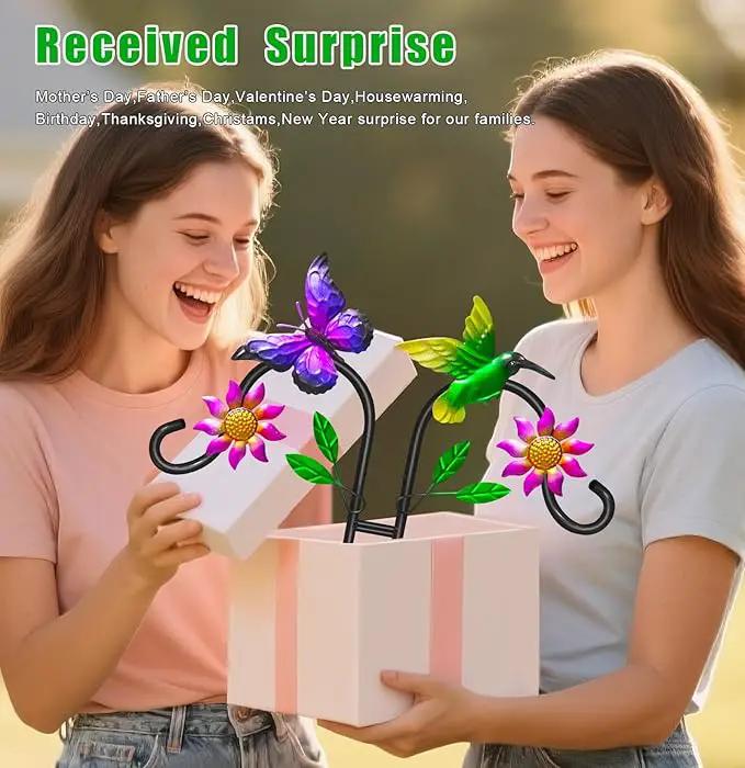 Double Shepherds Hooks for Outdoor, 78 Inch Artistic Hummingbird & Flower Design, 5 - Prong Base, Ideal for Bird Feeders, Baskets & Lanterns (2 Pack) by GreenHaven Gardens