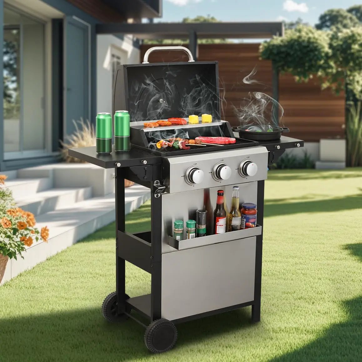 3-Burner Propane Gas BBQ Grill with Side Burner - Stainless Steel 30,000 BTU Patio Garden Barbecue Grill with Two Foldable Shelves by GreenHaven Gardens