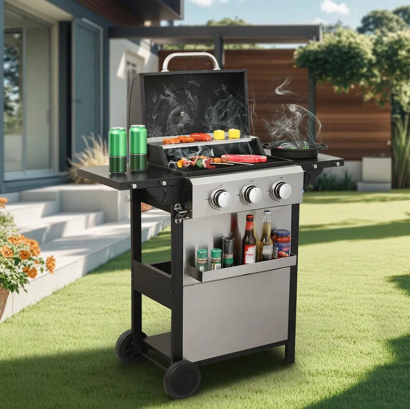 3-Burner Propane Gas BBQ Grill with Side Burner - Stainless Steel 30,000 BTU Patio Garden Barbecue Grill with Two Foldable Shelves by GreenHaven Gardens
