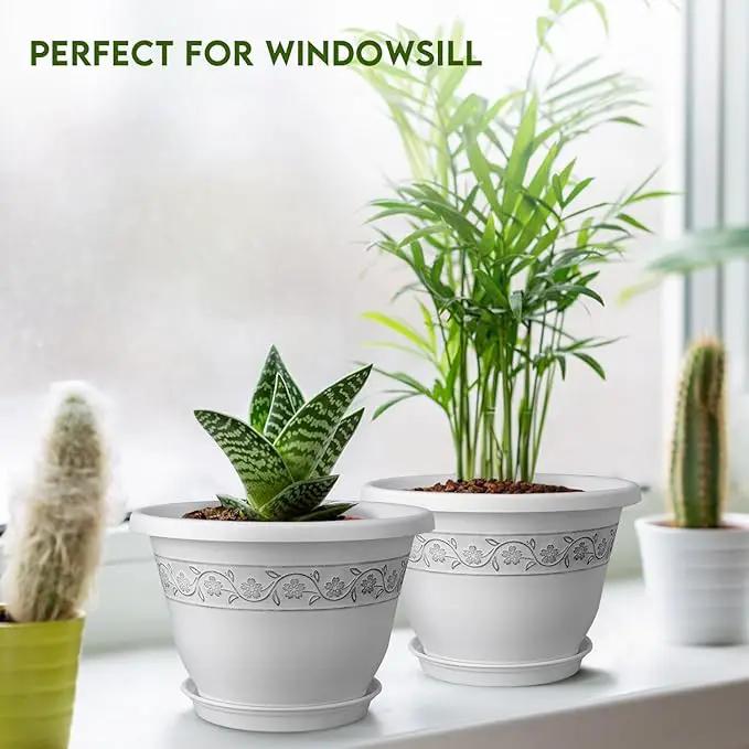 10 Inch Plant Pots with Drainage Hole - Lightweight Flower Pots for Herbs and Flowers - Home Decor Plastic Planters for Indoor Outdoor Plants- Pack of 4 (White, 10 inch) by GreenHaven Gardens