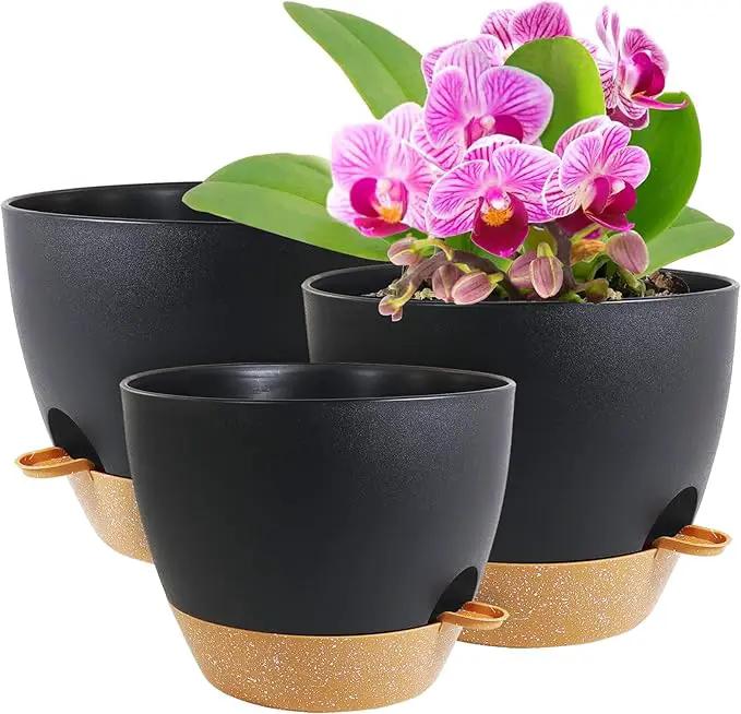 10/9/8 inch Medium Self Watering Pots, Planter, Plant Pots with Mesh Drainage Holes for Indoor Outdoor Garden Plants, Plastic Flower Pots with Removable Deep Reservoir, Black with Brown by GreenHaven Gardens