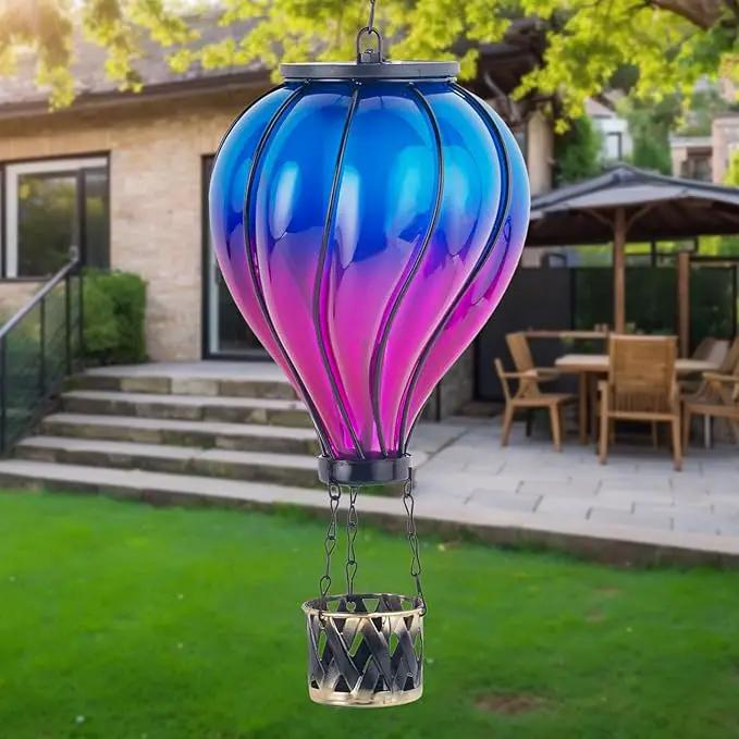Starsoul Glass Hot Air Balloon Solar Lantern with Flickering Flame Light Blue & Purple Solar Powered Hot Air Balloon Lamp Waterproof Hanging Solar Lantern for Garden Yard Patio Porch Decor by GreenHaven Gardens