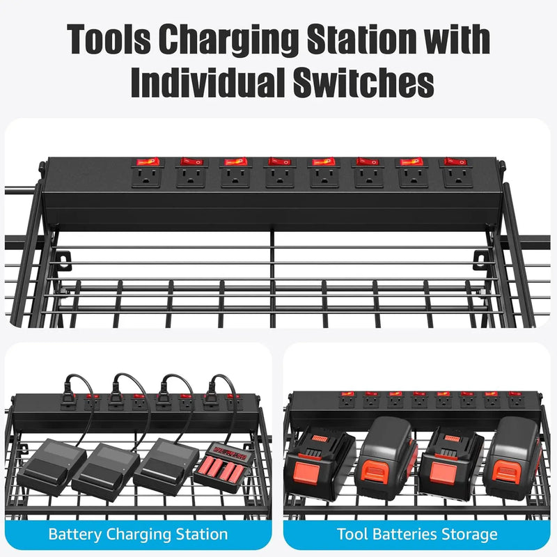 CCCEI Black Power Tool Organizer Wall Mount, Large Tools and Battery Storage Rack Charging Station Individual Switches. Drills Holder, Garage Utility Shelves with 10FT Power Strip. Gift for Men. by GreenHaven Gardens