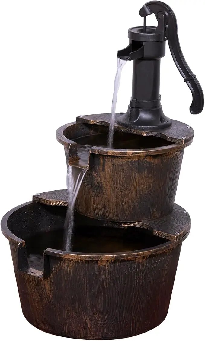 Alpine Corporation - Outdoor Rustic 2-Tiered Barrel and Pump Water Fountain – Bronze Finish, Relaxing Water Flow, Ideal for Garden, Patio, & Yard Décor, 27"H by GreenHaven Gardens
