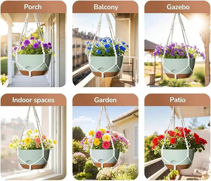 12 Inch Hanging Baskets for Plants Outdoor, Hanging Planters for Indoor Outdoor Plants, Hanging Planter with Self Watering, Hanging Flower Pots (Green Planter with Macrame + Iron Hangers) by GreenHaven Gardens