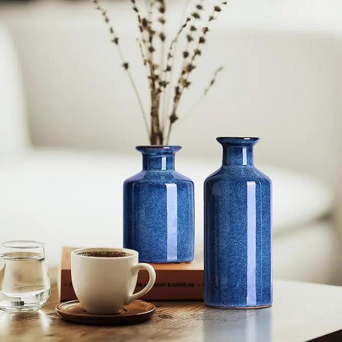 Blue Ceramic Vase Set of 3,Home Decorative Flower Vase,Small vase Set for Farmhouse Living Room Bedroom Tabletop Decor,Office Bookshelf Centerpiece Entrance Decoration by GreenHaven Gardens