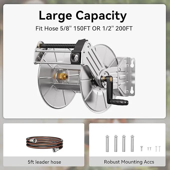 Giraffe Tools Stainless Steel Garden Hose Reel Heavy Duty, Wall/Floor Mounted Stainless Water Hose Reel Retractable with Crank, 150-Feet 5/8" Hose Capacity by GreenHaven Gardens