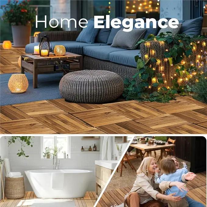 Pack of 10 Deck Tiles - 12"x12" Interlocking Natural Solid Acacia Wood for Outdoor & Indoor, Patio Garden, Balcony, Poolside - Natural6 Color by GreenHaven Gardens