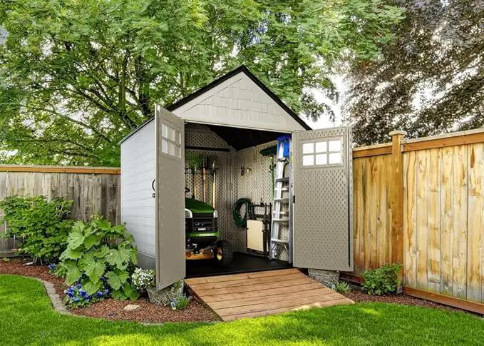Rubbermaid 7 Foot by 7 Foot Weatherproof Outdoor Storage Shed for Garden Tools and Lawn Machinery Organization with Lockable Double Door Sandstone by GreenHaven Gardens
