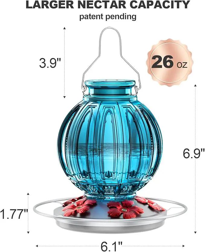Glass Hummingbird Feeder for Outdoors Hanging, 26Oz Bird Nectar Feeder with Perch & 5 Flower Feeding Ports, Leak Proof for Outside Garden Decor Backyard, Gifts for Women Mom, Blue by GreenHaven Gardens