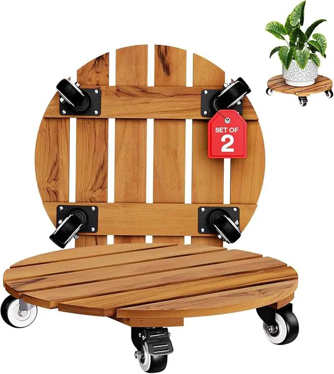 Idzo 2pack Wood Plant Caddy With Wheels Heavy Duty, 264 Lbs Capacity, 12 Inch Acacia Hardwood Plant Dolly, Plant Stand with 360° Lockable Wheels, Plant Caster for Heavy Objects Hauling - Natural Wood by GreenHaven Gardens