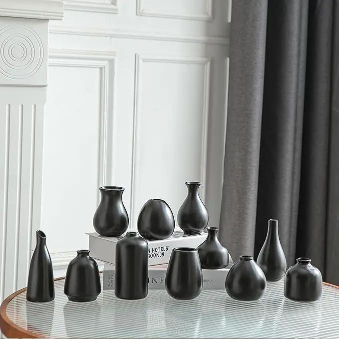 JOJUNO Black Bud Vases, Small Ceramic Vase Set of 11, Mini Pottery Vases for Flowers, Decorative Pieces for Home Modern Decor, Boho Decor, Chic Accents for Living Room Dining Table Shelves by GreenHaven Gardens