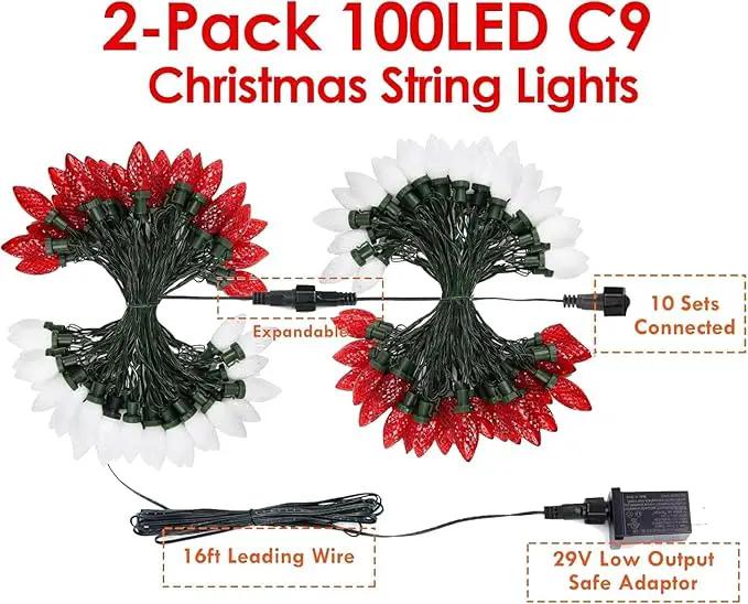 YIQU 2-Pack 66FT C9 Christmas String Lights Outdoor, 100LED Waterproof Green Wire Plug in Led Fairy String Lights for Xmas Tree Indoor Garden Patio Wedding Party Decoration (Red and White) by GreenHaven Gardens