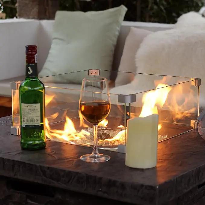 32" Outdoor Propane Fire Pit Table, Stone Fire Table Square Firepit w Glass Wind Guard(50,000 BTU), 2 Piece Slate Gas Fire Table in Deep Grey w Fire Glass, Rain Cover for Outside, Backyard by GreenHaven Gardens