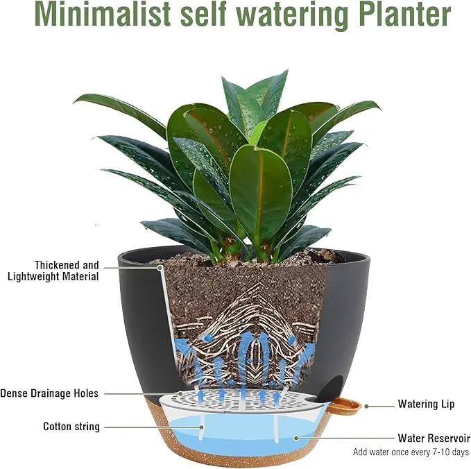 12 inch Large Self Watering Pots, Plant Pots with Mesh Drainage Holes for Indoor Outdoor Plants, Plastic Planters with Deep Reservoir for Garden House Flower Plants, Black with Brown by GreenHaven Gardens