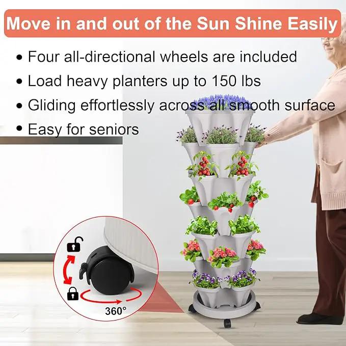 DUNCHATY Stackable Planter with Removable Wheels and Tools, Garden Planting Tower Planters, Indoor Outdoor Gardening Pots - 7 Tier Vertical Garden Planter by GreenHaven Gardens