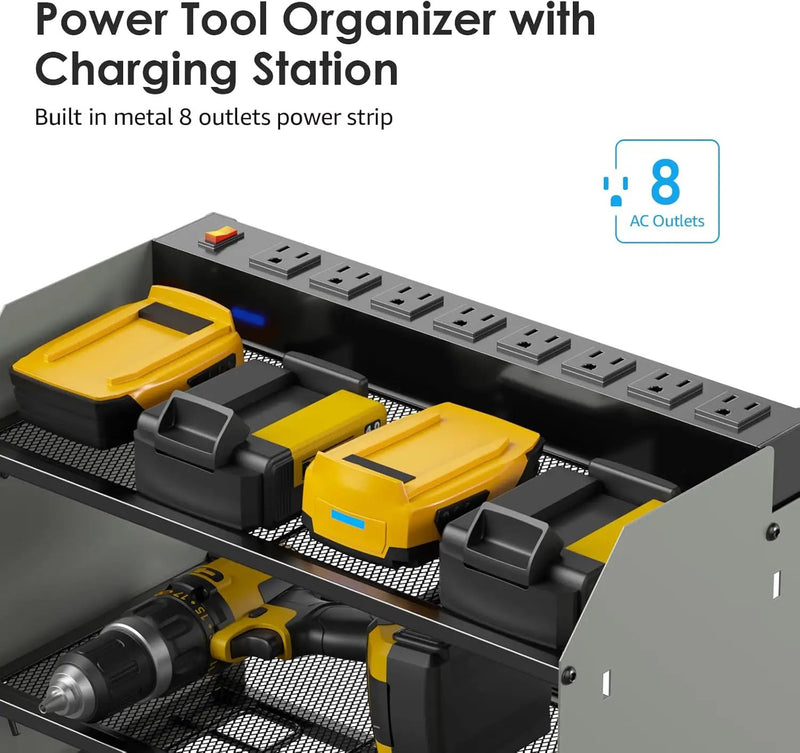 CCCEI Modular Power Tool Organizer Wall Mount with Charging Station. Garage 4 Drill Storage Shelf with Hooks, Drill Bit Heavy Duty Rack, Grey Tool Battery Holder Built in 8 Outlet Power Strip. by GreenHaven Gardens